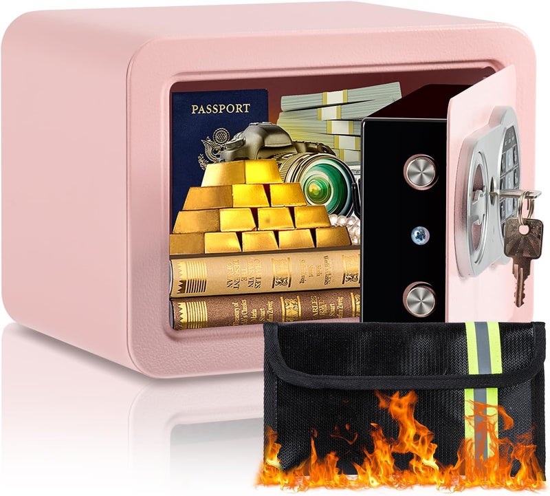 Locksworth 0.23 Cubic Feet Safe Box, Small Safe W/Fireproof Bag, Keys & Pass Code, Digital Electronic Security Money Box for Cash, Document, Home, Office, Hotel Use, Pink, 6.69"D x 9.06"W x 6.69"H - Image 1